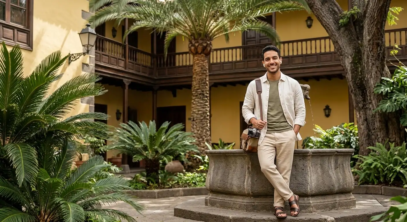A traveller enjoying an immersive audio experience at the Casa de los Capitanes in La Laguna, Tenerife