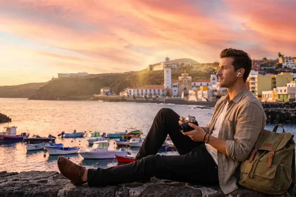 A traveller enjoying an immersive audio experience on the Candelaria pier at sunset, with the colourful fishermen’s boats in the background and, beyond them, the white tower of the Basilica of Our Lady of Candelaria-Tenerife