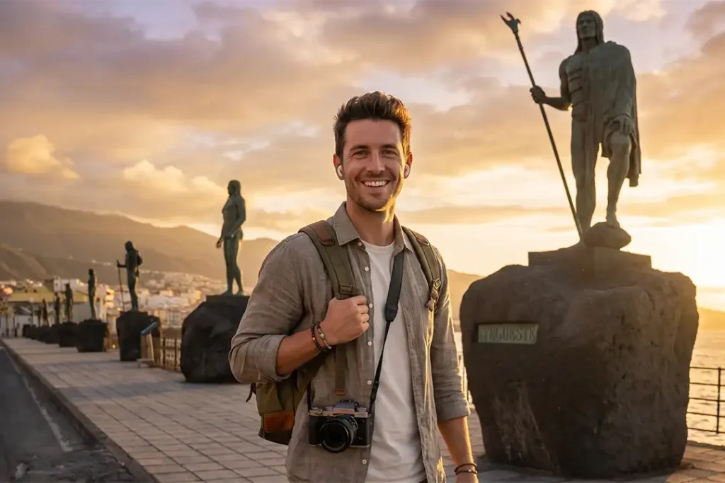 A traveller standing next to the statues of the Menceyes (Guanche kings) in Candelaria, Tenerife