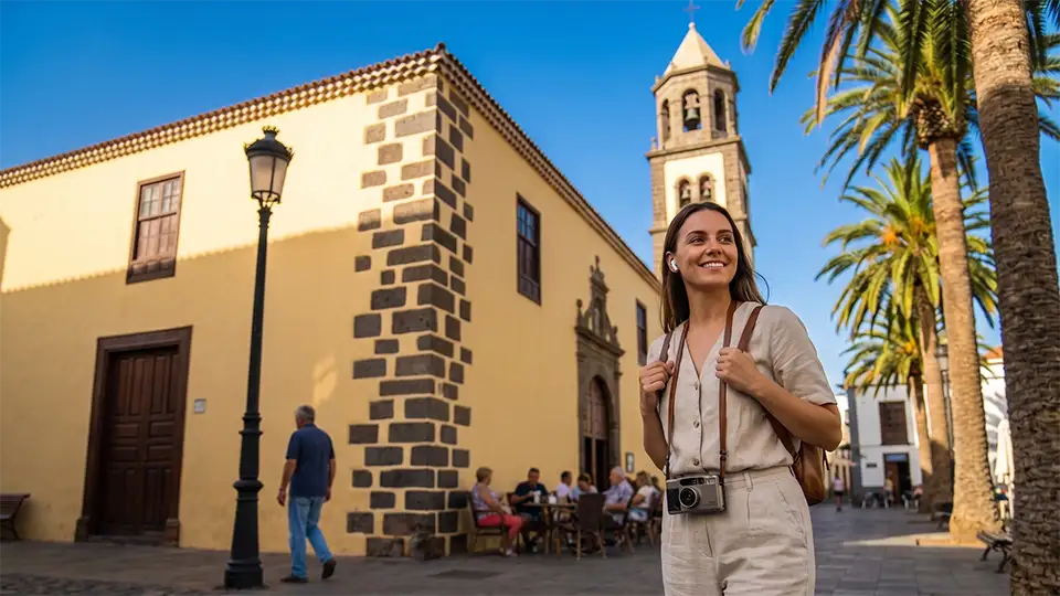 A young traveller listening to an audio guide in Plaza de San Francisco, Puerto de la Cruz, Tenerife