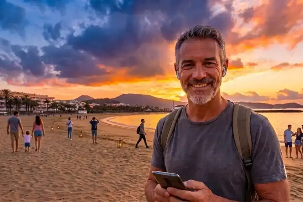 A traveller enjoying an immersive audio experience on Playa de las Vistas at sunset