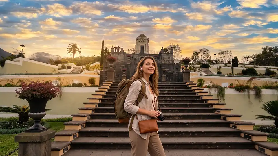 A traveller listening to an audio guide on the steps leading up to the Masonic mausoleum at Quinta Roja, La Orotava, Tenerife