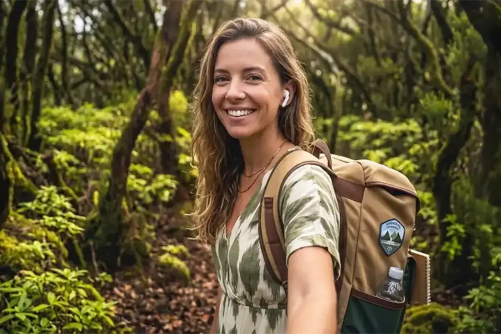 A traveller listening to an audio guide in the lush laurel forest of Anaga, Tenerife