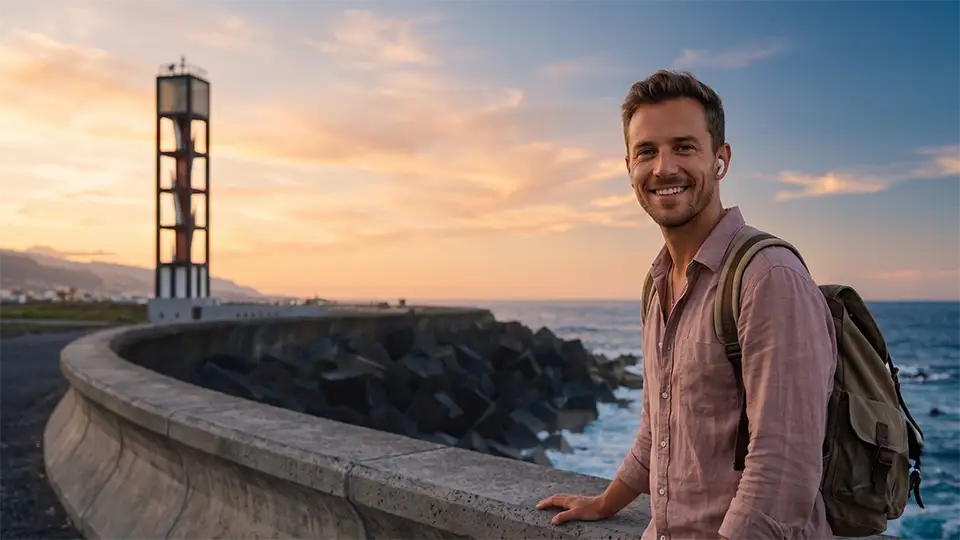 A traveller enjoying an immersive audio experience at the lighthouse in Puerto de la Cruz, Tenerife