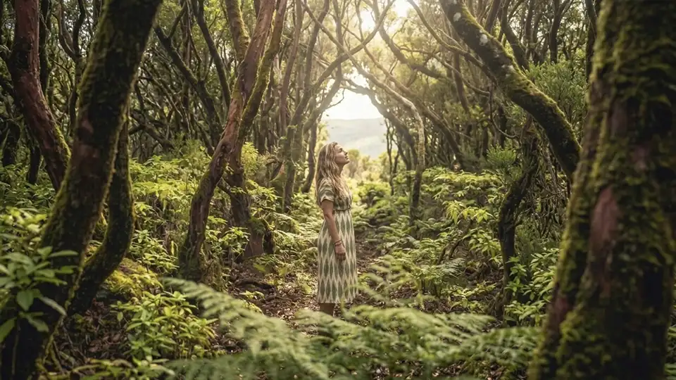 A woman enjoying the ancient laurel forests in Anaga, Tenerife