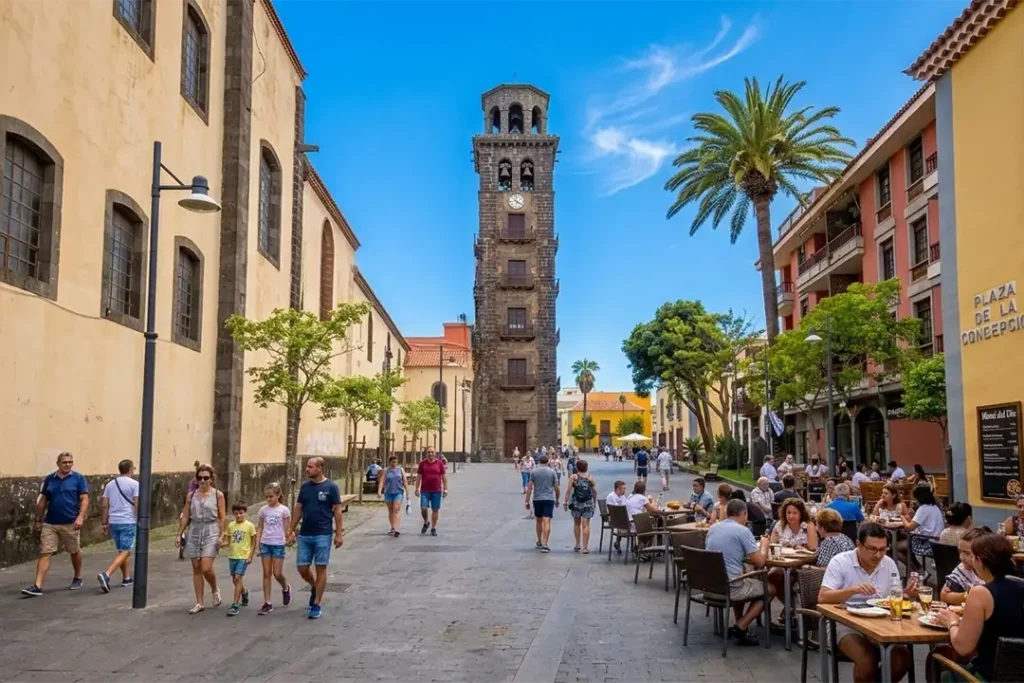 A lively street with views of the tower of the Church of La Concepción, in La Laguna, Tenerife