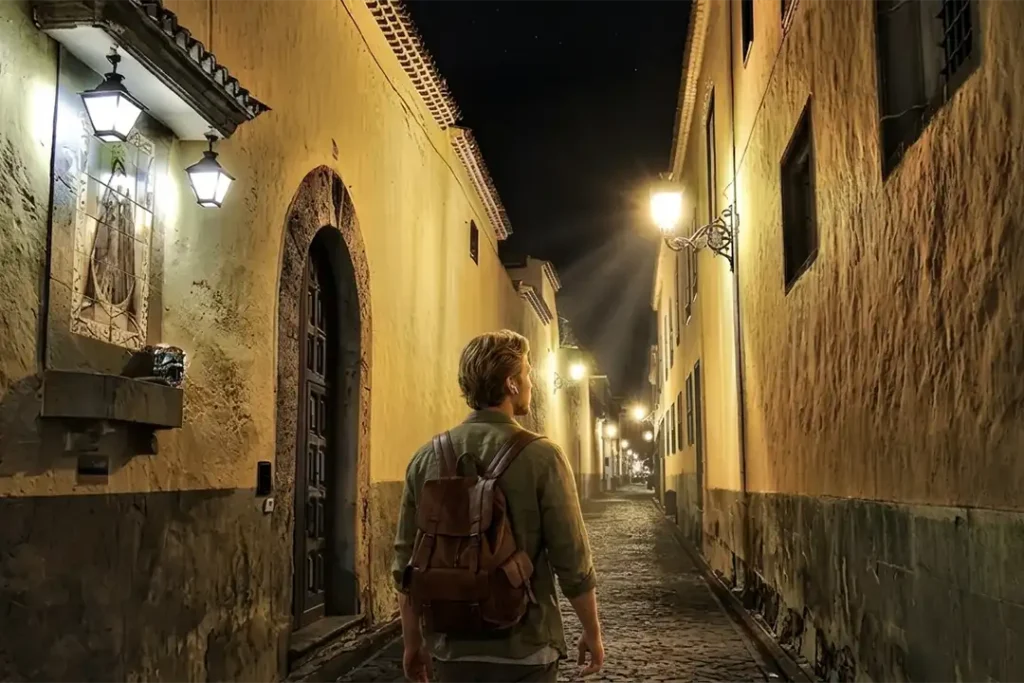 A traveller on a mysterious narrow street in La Laguna, Tenerife