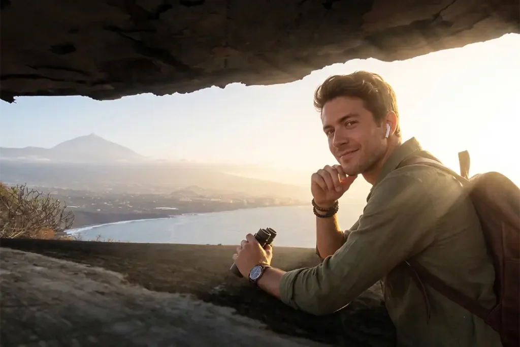 A traveller listening to an audio guide and looking out at Mount Teide and the sea from inside the Quinta bunker – Tenerife