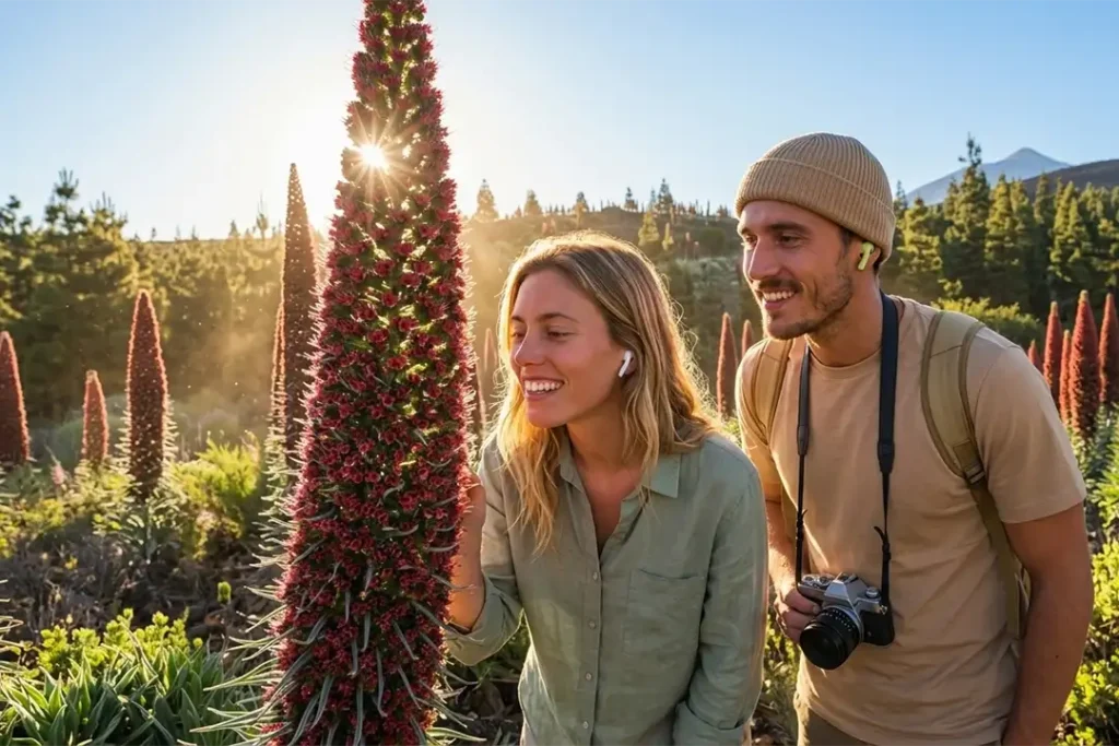 A couple listening to an audio guide and admiring the tajinastes in Teide-Tenerife National Park