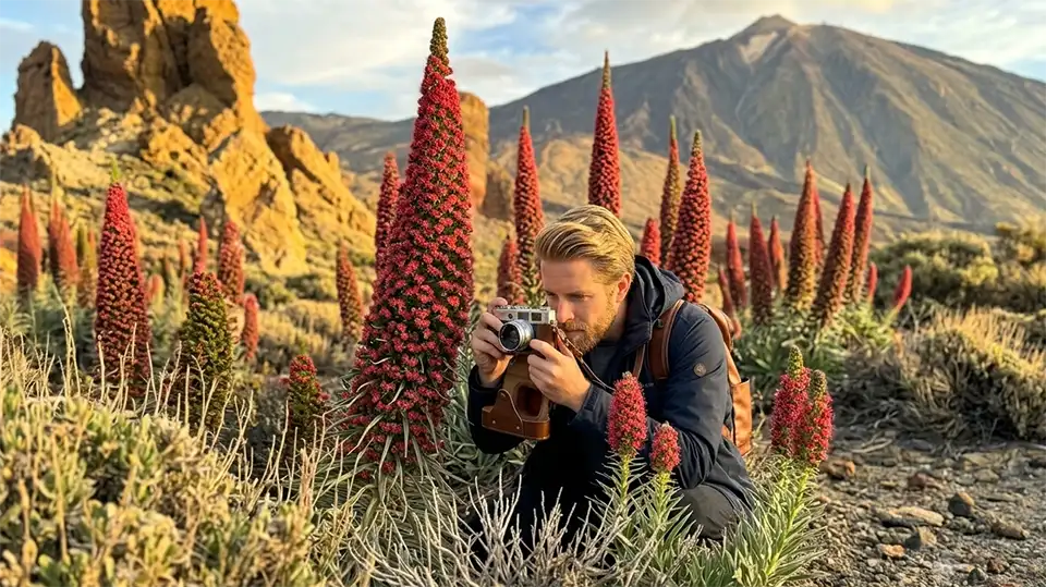 Lukas photographing Tajinastes, a species endemic to Teide National Park, with the volcano in the background