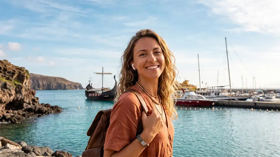A traveller enjoying an immersive audio experience in Puerto de los Cristianos, Costa Adeje, Tenerife