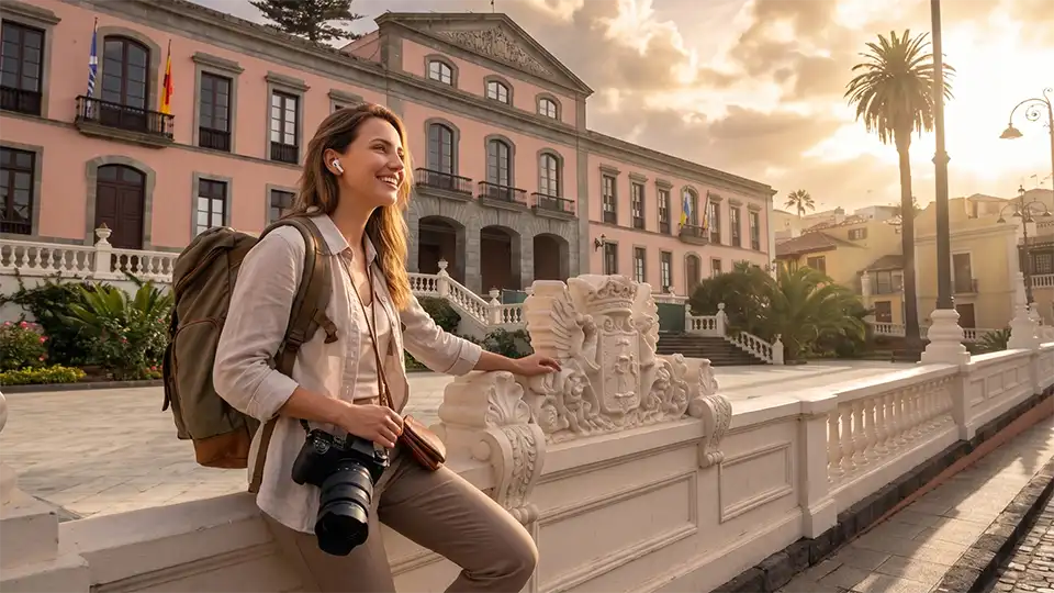 Un photojournaliste vit une expérience audio immersive sur la place de l'Hôtel de Ville de La Orotava, Ténérife