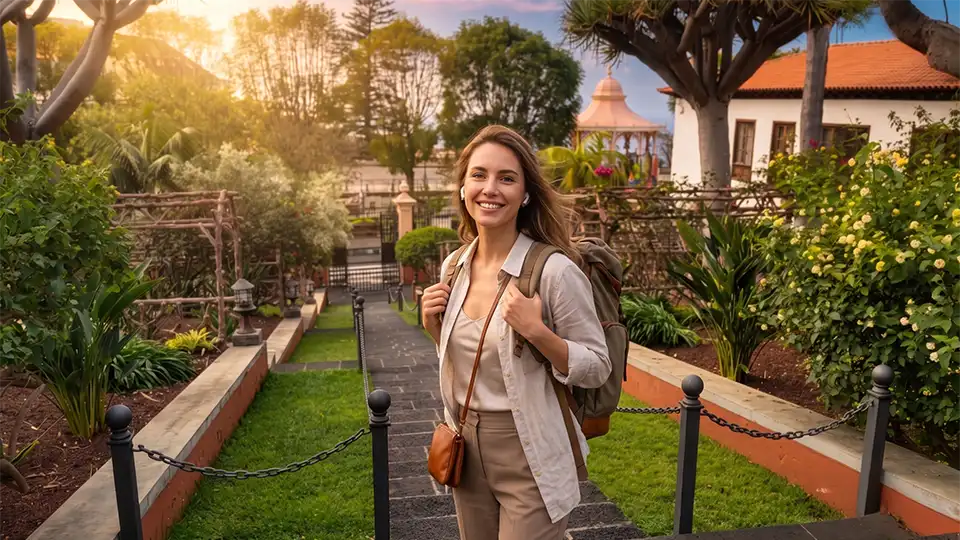 Ein Tourist genießt einen Audioguide in den Victoria-Gärten, La Orotava, Teneriffa