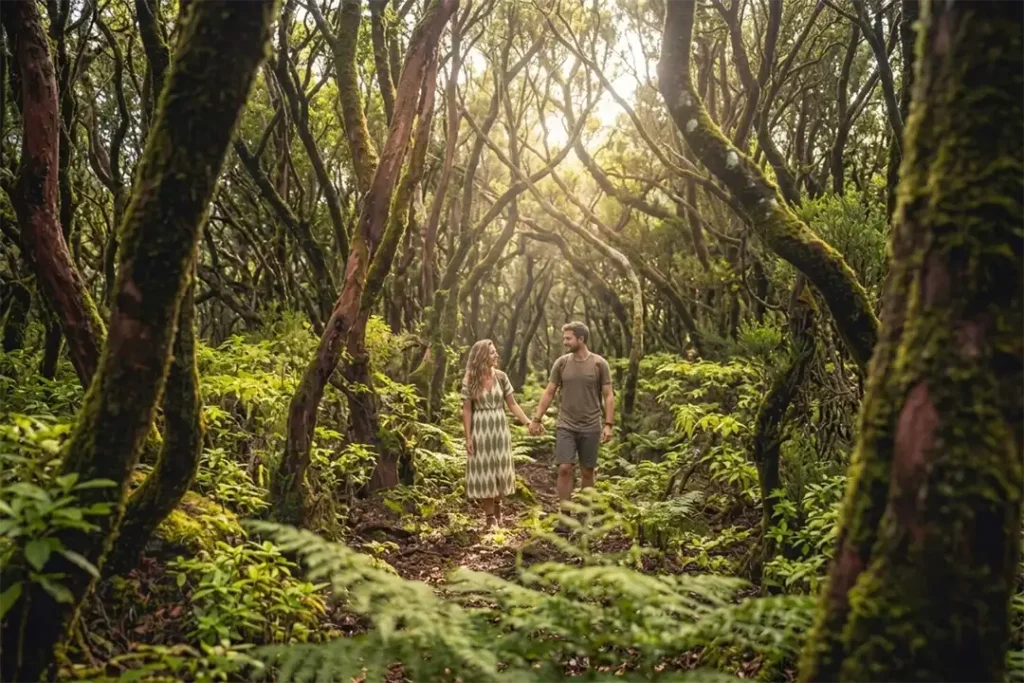 Un couple dans la luxuriante forêt de lauriers de l'Anaga, Ténérife
