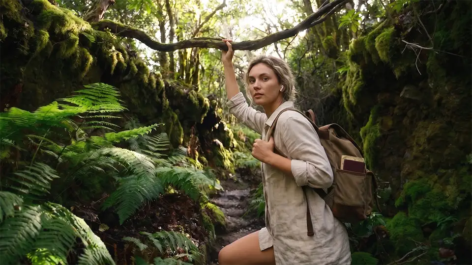 Une femme écoute un audioguide en explorant la forêt de lauriers d'El Pijaral, Ténérife