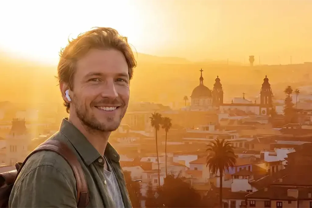 Un voyageur écoute un audioguide dans la lumière dorée du soir, avec vue sur La Laguna, Ténérife