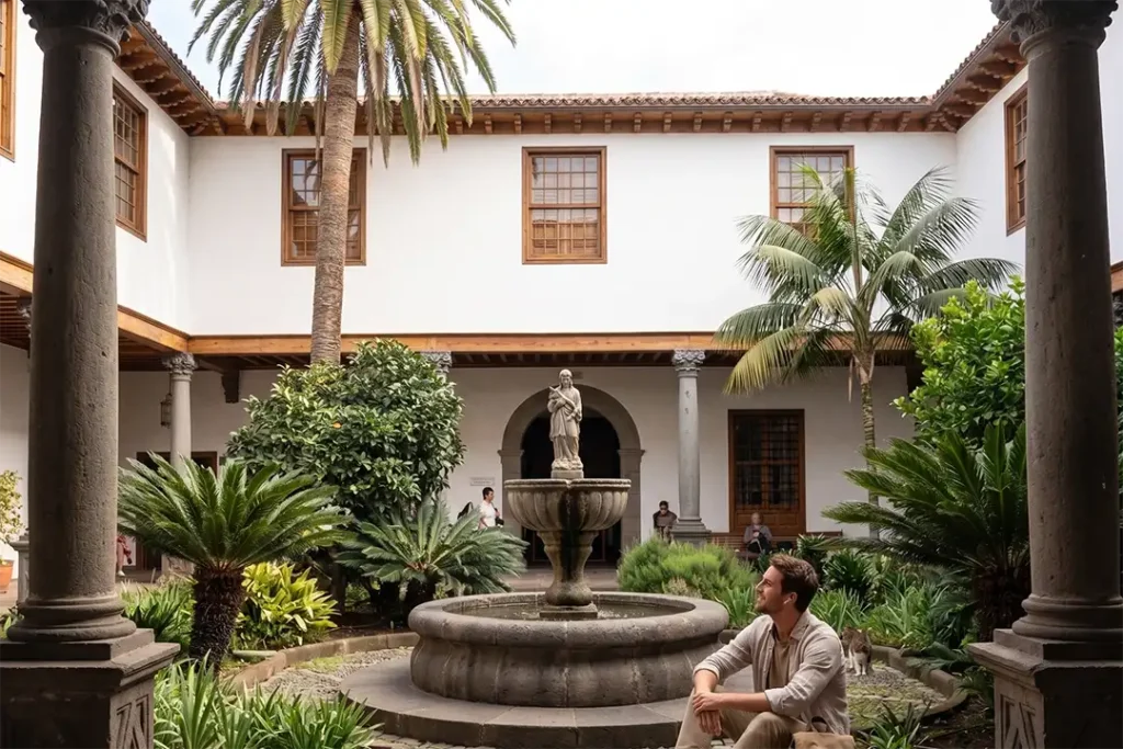 Un voyageur dans la cour intérieure avec fontaine de la Casa Salazar, La Laguna, Ténérife