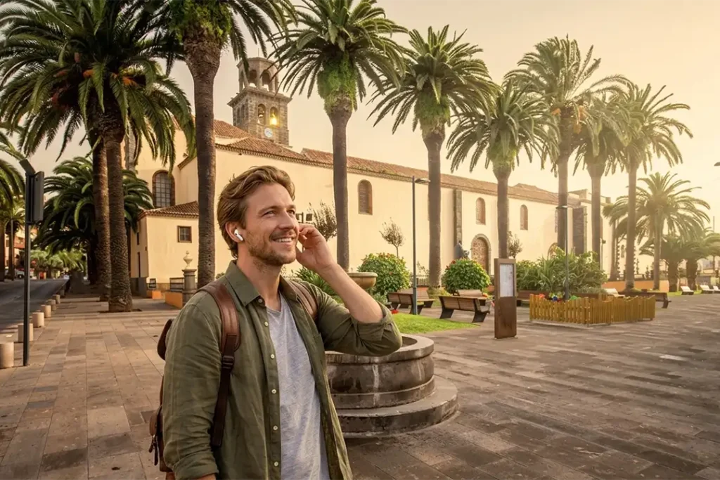 Un touriste écoute un audioguide sur la Plaza de la Iglesia de la Concepción à La Laguna, Ténérife