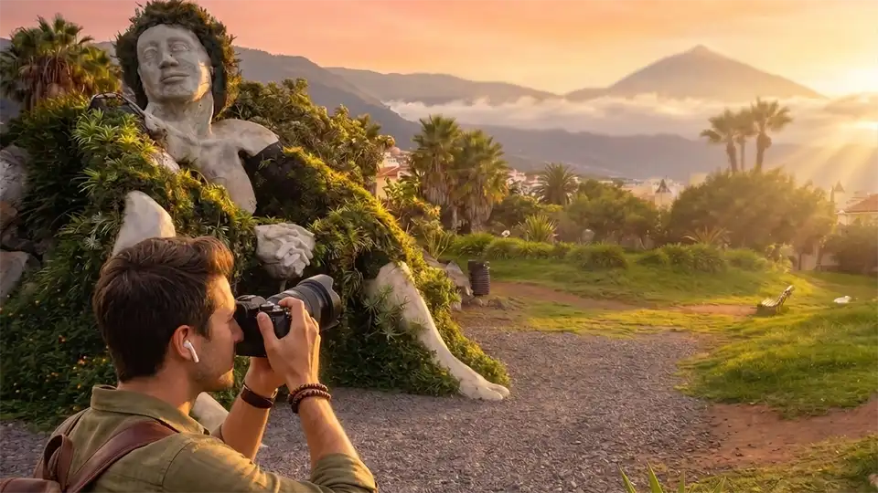 Ein Reisender genießt ein immersives Audioerlebnis im Park La Quinta neben der Skulptur 'La Giganta' mit Blick auf den Teide.