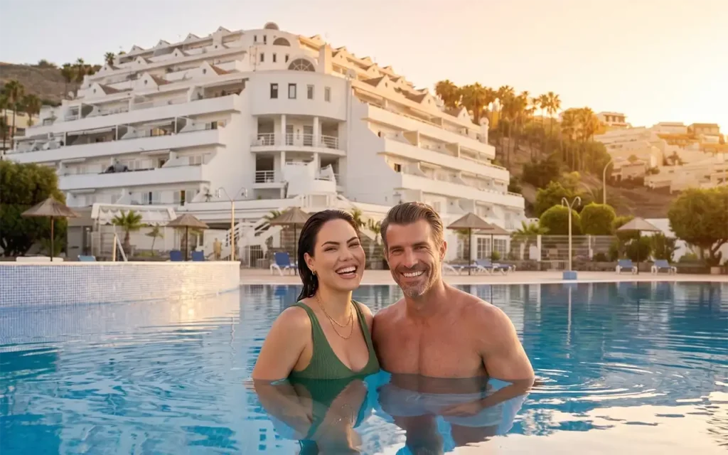Un couple à la piscine avec vue sur mer – Resort Costa Adeje, Ténérife