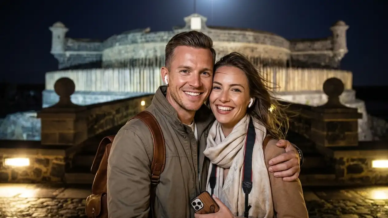 Un couple écoute un audioguide près du Castillo Negro, à Santa Cruz de Tenerife