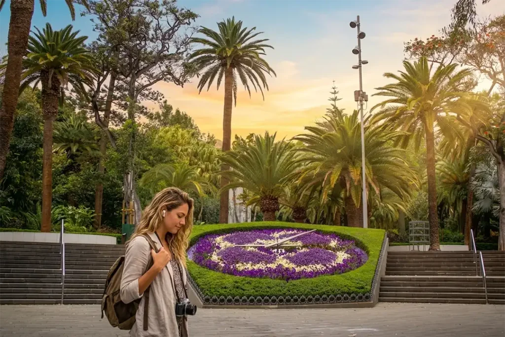 Ein Reisender lauscht einem Audioguide neben der Blumenuhr im García-Sanabria-Park, Santa Cruz de Tenerife.