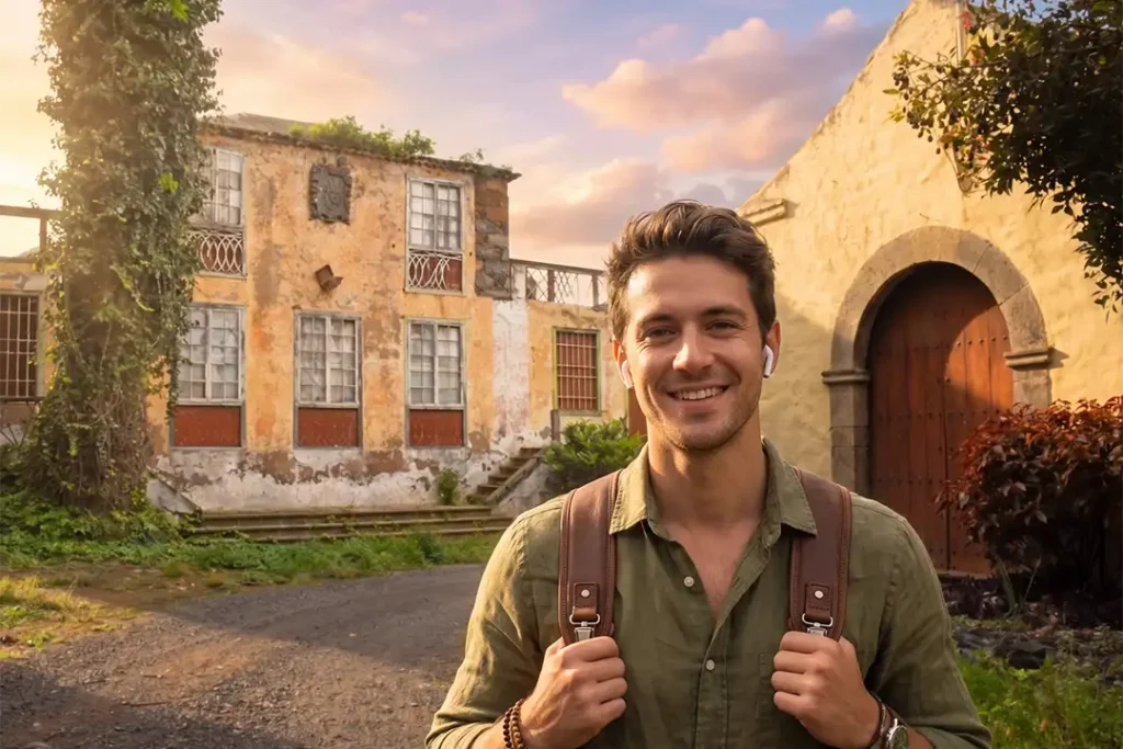 Un voyageur vit une expérience audio immersive près des ruines de la Hacienda San Clemente – La Quinta, Ténérife