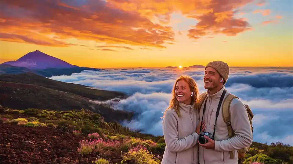 Ein Paar genießt einen farbenfrohen Sonnenuntergang auf dem Teide neben dem Wolkenmeer