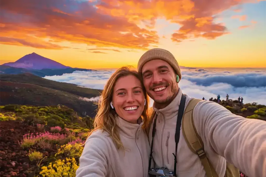 Un couple vit une expérience audio immersive au coucher du soleil dans le parc national du Teide – Ténérife, au-dessus de la mer de nuages
