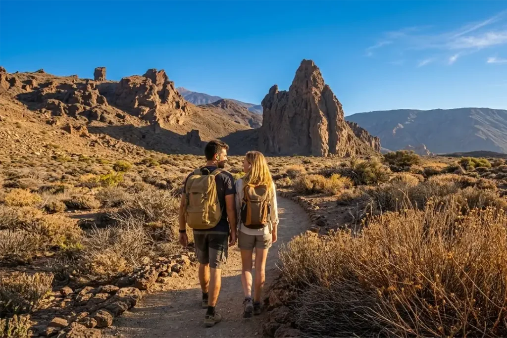 Ein Paar wandert auf dem Pfad zur Felsformation 'La Catedral' im Teide-Nationalpark, Teneriffa