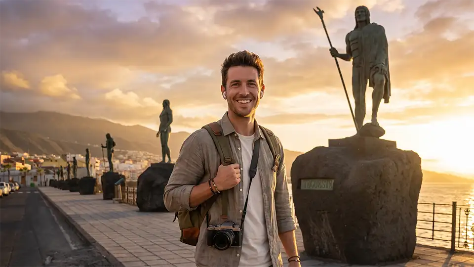 Ein glücklicher Reisender mit AirPods lauscht einem Audioguide neben den imposanten Menceyes-Statuen in Candelaria.