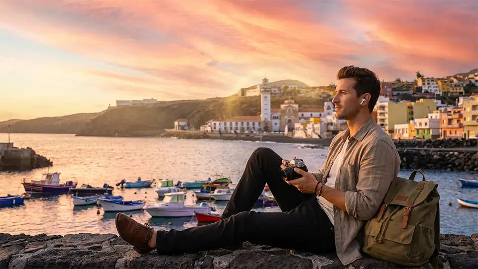 Un voyageur vit une expérience audio immersive sur la jetée de Candelaria au coucher du soleil, avec vue sur la basilique