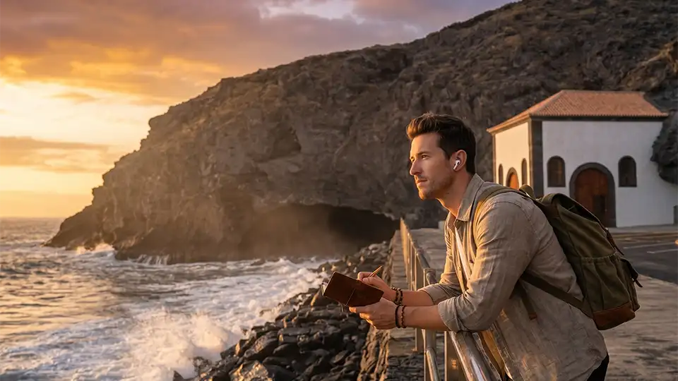 Ein Reisender lauscht bei Sonnenuntergang einem Audioguide neben der Kapelle San Blas in Candelaria mit Blick aufs Meer